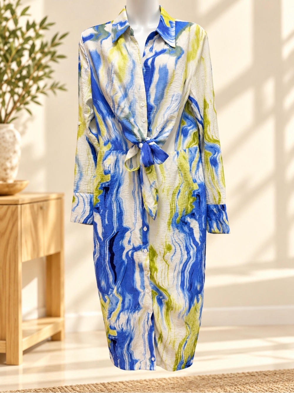 Fashion Nova Blue, White & Lime Marble Tie-Front Shirt Dress size m
